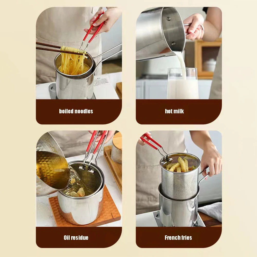 Freidora de Acero Inoxidable 304 con Canasta de Freír, Olla Auxiliar para Alimentos para Profundizar, Olla de Leche Japonesa, Electrodoméstico de Cocina