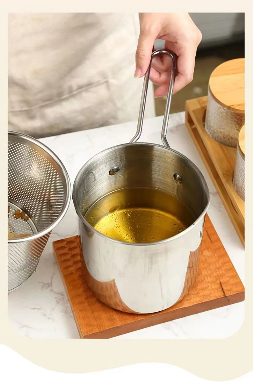 Freidora de Acero Inoxidable 304 con Canasta de Freír, Olla Auxiliar para Alimentos para Profundizar, Olla de Leche Japonesa, Electrodoméstico de Cocina