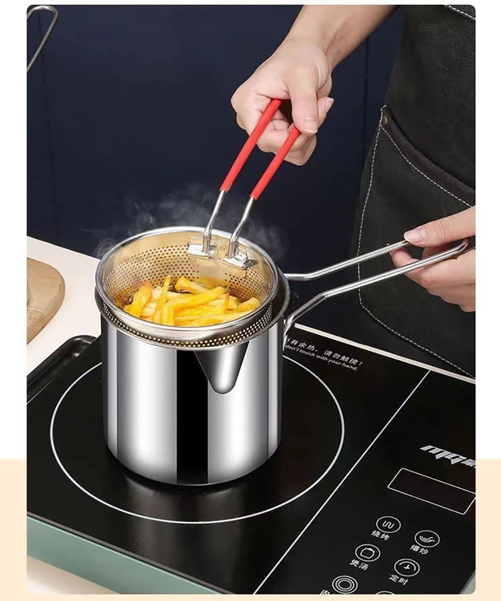 Freidora de Acero Inoxidable 304 con Canasta de Freír, Olla Auxiliar para Alimentos para Profundizar, Olla de Leche Japonesa, Electrodoméstico de Cocina