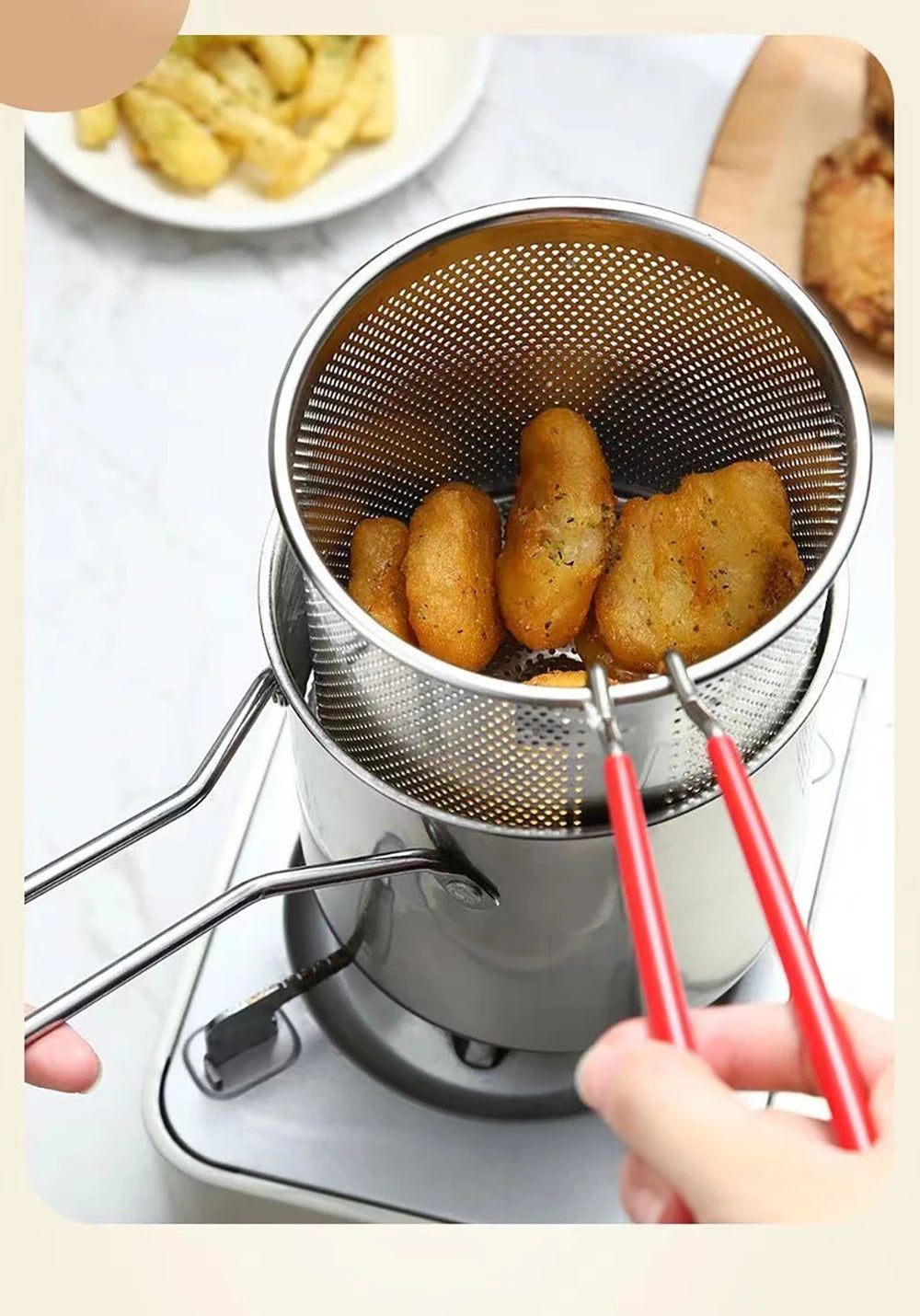 Freidora de Acero Inoxidable 304 con Canasta de Freír, Olla Auxiliar para Alimentos para Profundizar, Olla de Leche Japonesa, Electrodoméstico de Cocina