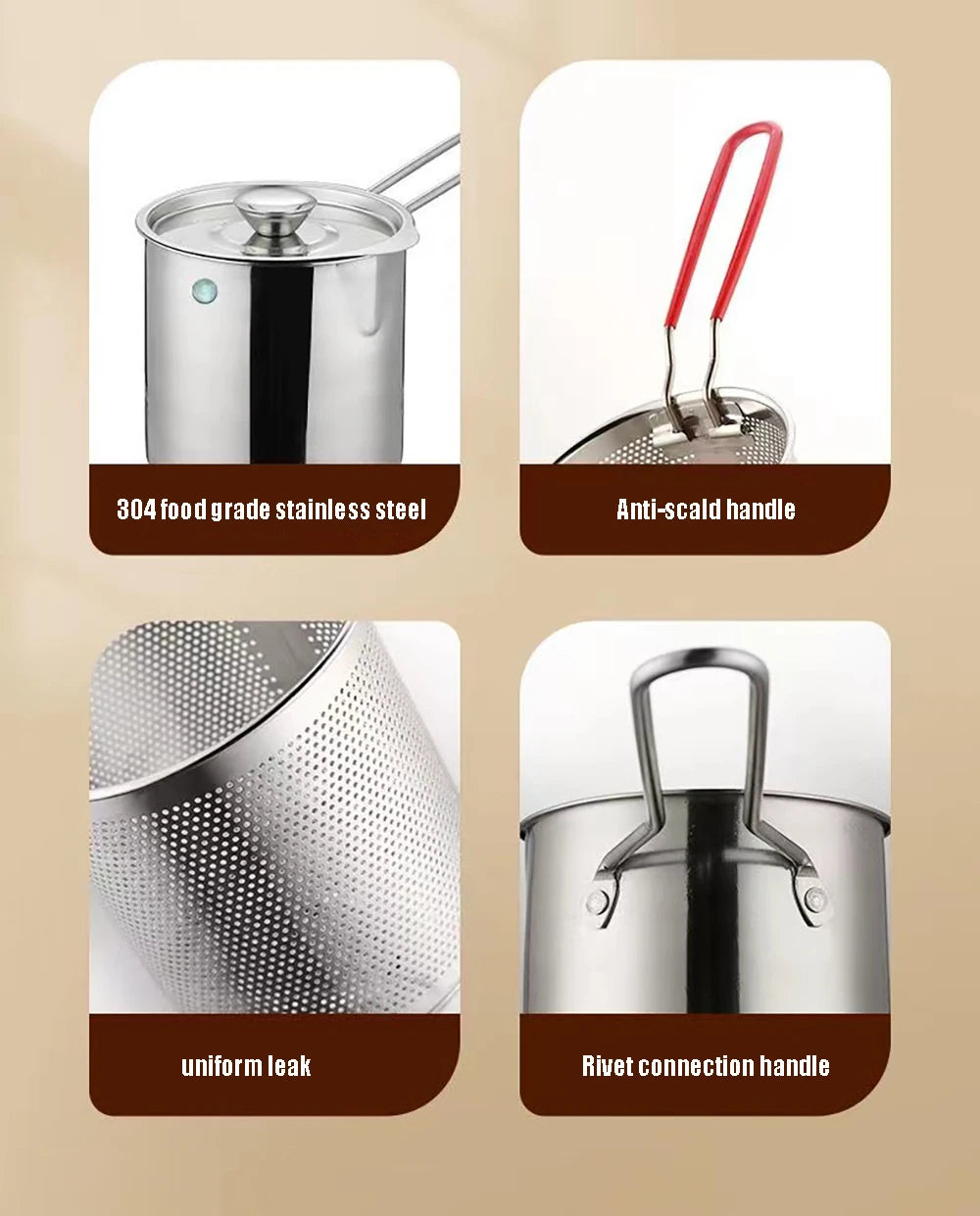 Freidora de Acero Inoxidable 304 con Canasta de Freír, Olla Auxiliar para Alimentos para Profundizar, Olla de Leche Japonesa, Electrodoméstico de Cocina