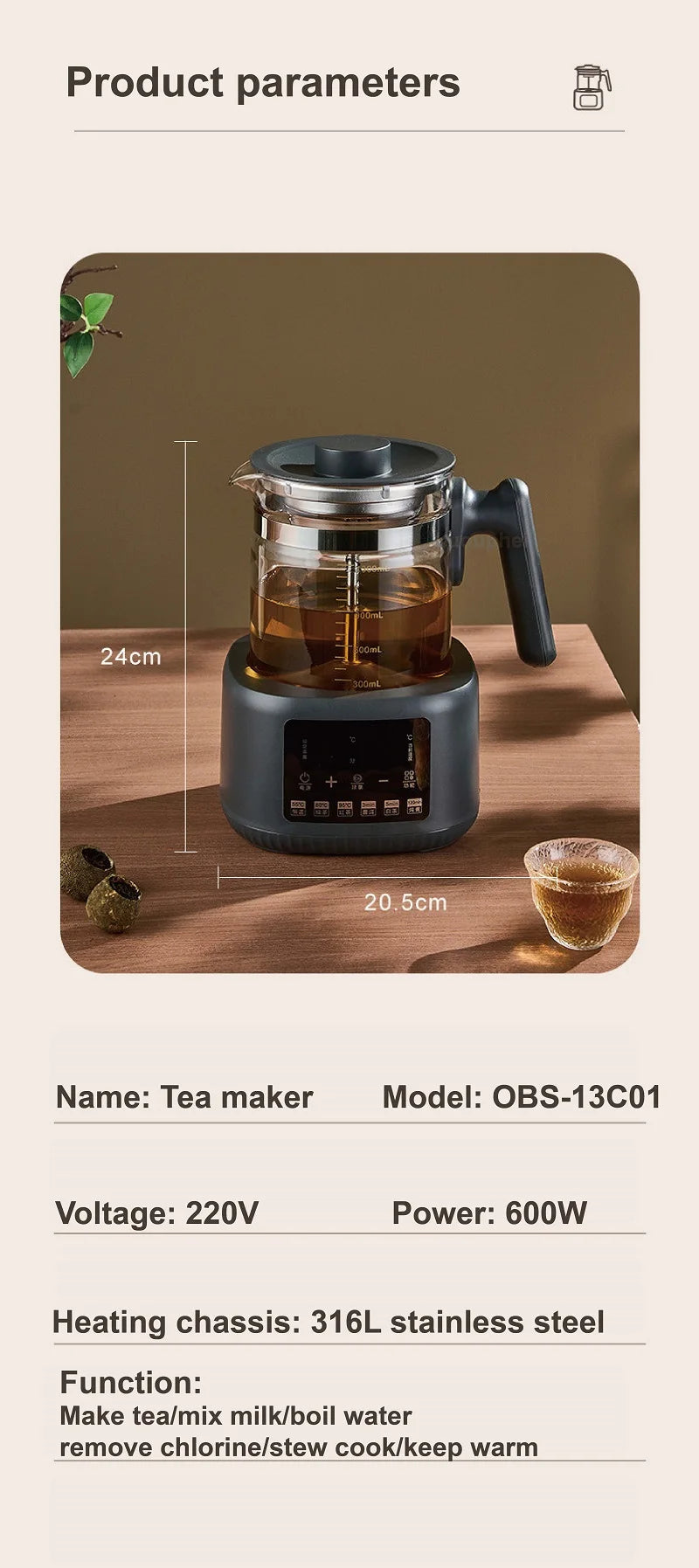 Hervidor eléctrico multifuncional de 1.3L para té, regulador de temperatura constante para leche de bebé, vaporizador, hervidor de té para oficina, 220V.