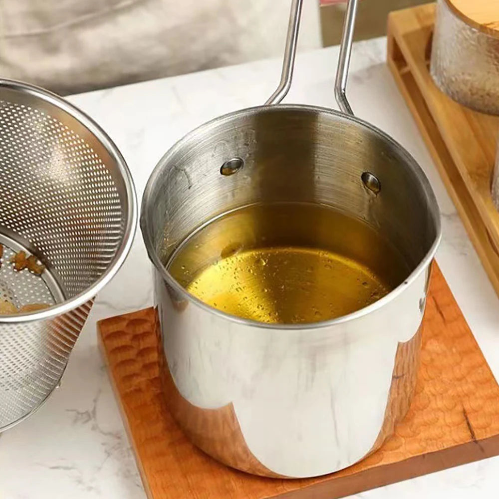 Freidora de Acero Inoxidable 304 con Canasta de Freír, Olla Auxiliar para Alimentos para Profundizar, Olla de Leche Japonesa, Electrodoméstico de Cocina