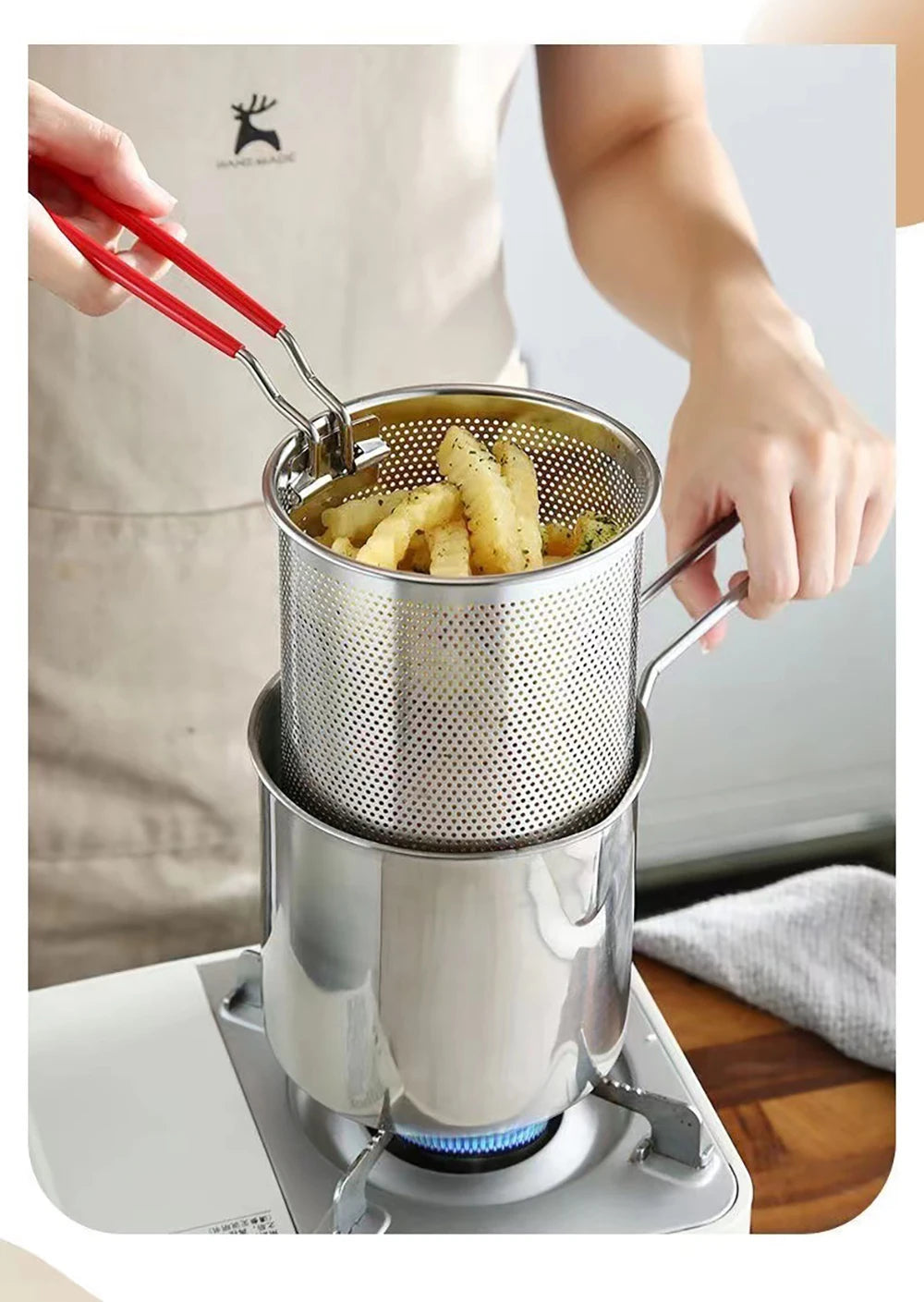 Freidora de Acero Inoxidable 304 con Canasta de Freír, Olla Auxiliar para Alimentos para Profundizar, Olla de Leche Japonesa, Electrodoméstico de Cocina